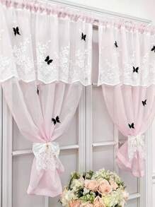 1pc Pink Voile Half Curtain, Elegant Butterfly Decor, Suitable For Bedroom, Living Room Home Decoration, With Pole