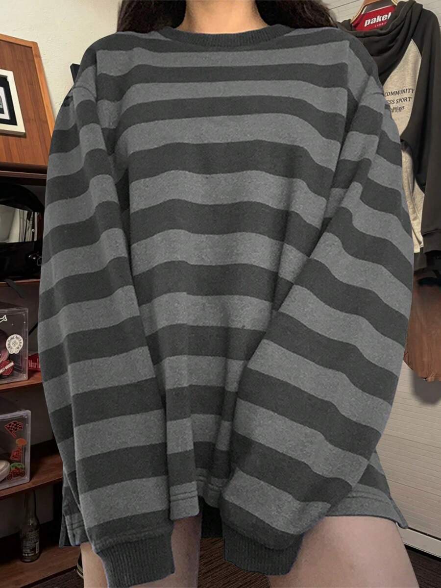 Women Y2k Striped Sweatshirts Long Sleeve Crewneck Loose T Shirts Oversized Pullover Tops E-Girl Goth Harajuku Clothes Streetwear - 灰色 - 查看 1