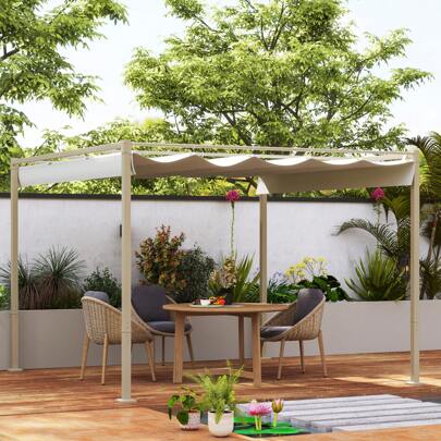  Outsunny Pergola jardin exterieur 3 x 3 m pergola coulissante rétractable à fixation magnétique, tonnelle de jardin, polyester haute densité 180g/m², abri soleil UPF30+, pour terrasse, patio, kaki