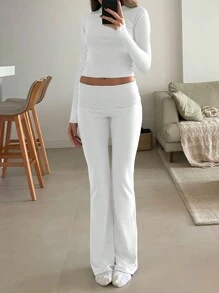 Women's Solid Color Casual Minimalist Long Sleeve Top And Long Pant 2 Pieces Suit, Versatile Daily Wear - trắng - Xem 5