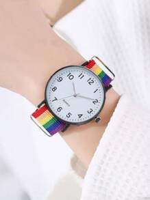 1pc Women's Fashionable & Casual Minimalist Rainbow Nylon Strap Quartz Watch With Round Numeric Dial - Black - View 3