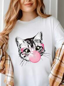 Adorable Cat Iron Heat  Valentines Day T-Shirt For Women, Women's 220g Round Neck Casual Heavy Pure Cotton T-Shirt (1 PC)