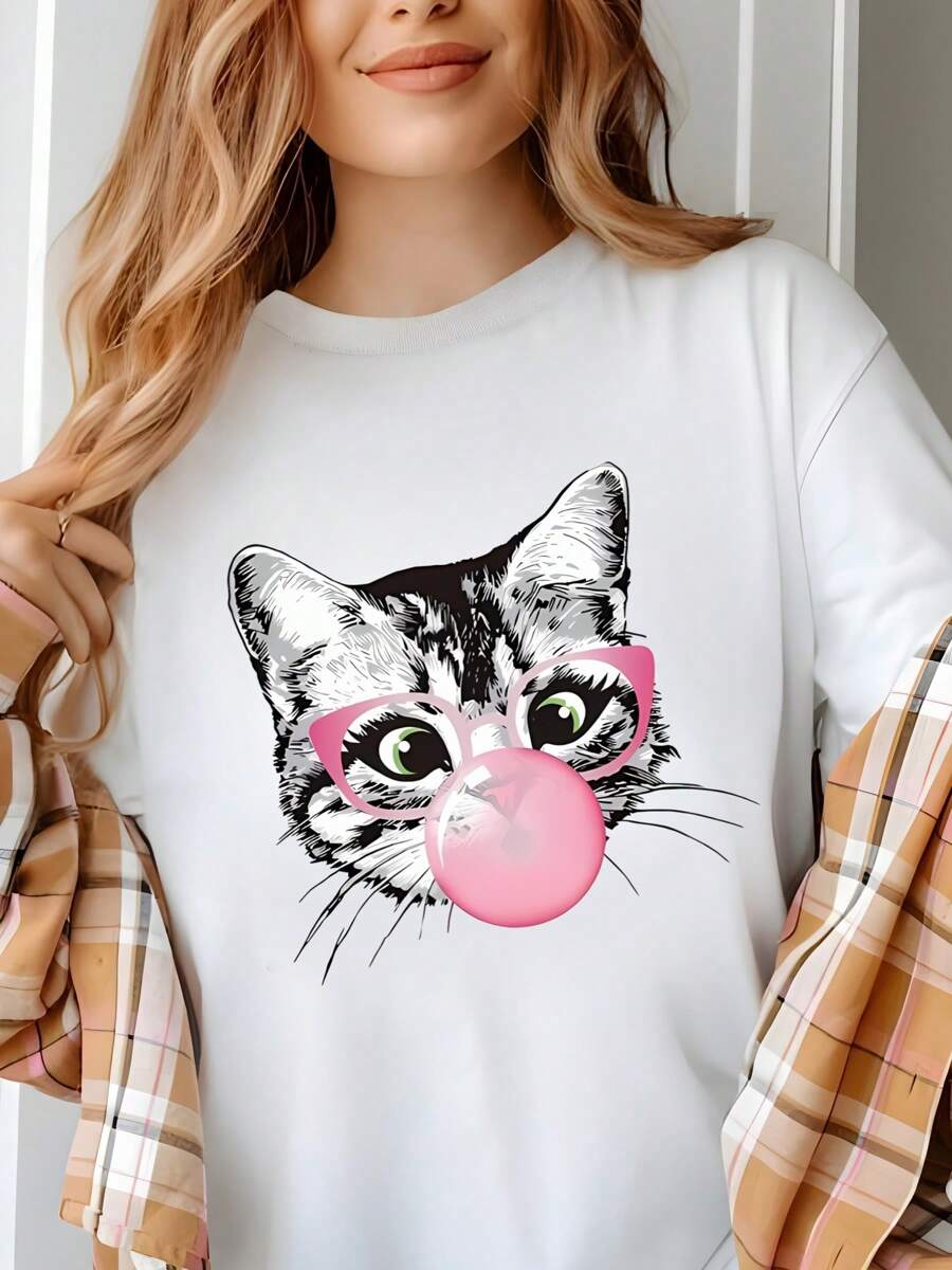 Adorable Cat Iron Heat  Valentines Day T-Shirt For Women, Women's 220g Round Neck Casual Heavy Pure Cotton T-Shirt (1 PC)