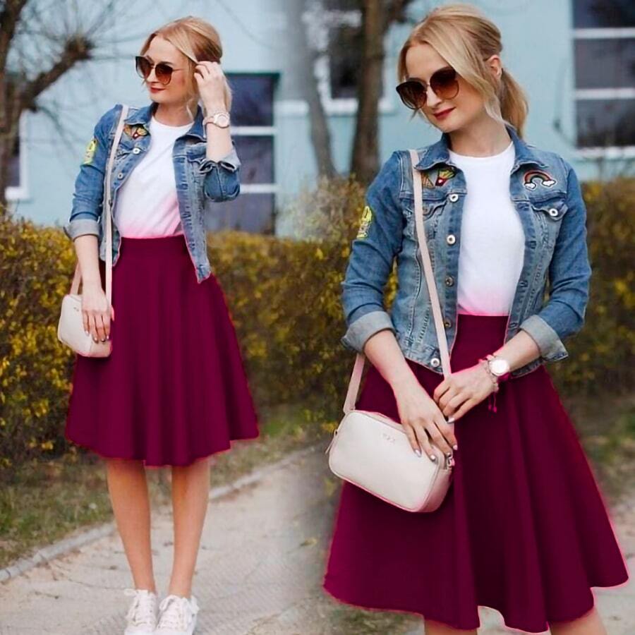 Conjunto falda y camiseta manga corta cintura alta vuelo ajuste femenino - Burdeos - Ver 1