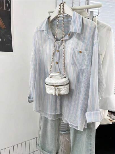 Chemisier ample décontracté à manches longues avec boutons et épaules tombantes, rayé. Convient pour Pâques, Festivals de musique, Fête des mères, Croisière, Plage, Déplacement, Petit-déjeuner, Goûter, Fêtes de vacances, Occasions formelles
