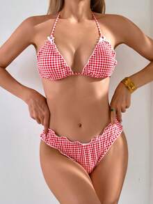 2pcs Plus Size Women Two-Piece Gingham Tankini Set,Lace Detail Swimwear, Korean Style Hot Spring Swimming Suit, For Summer Beach Vacation