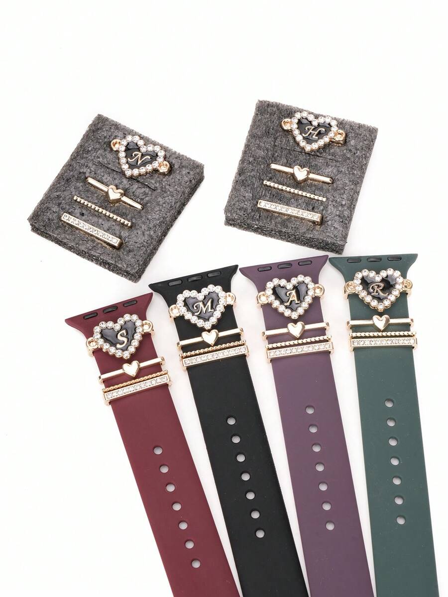 4Pcs/ Set Of Heart Alloy Alphabet Strap Charms Compatible With Apple Watch Band Accessories Decoration For Smart Watch Band Series Charms