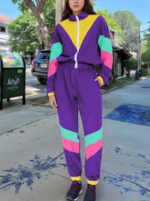 Women's Color Blocking Long Sleeve Top And Long Pants 80s 90s Tracksuit Set - Màu tím - Xem 2