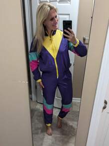 Women's Color Blocking Long Sleeve Top And Long Pants 80s 90s Tracksuit Set - Màu tím - Xem 3