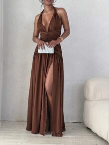 Elegant Deep V-Neck Backless High Slit Dress With Ruffle And Frill Details, Sexy Solid Color Summer Dress, Perfect For Cocktail Parties, Beach Nights, And Evening Outings, Also Suitable As Party Or Wedding Guest Dress - Khaki - View 4