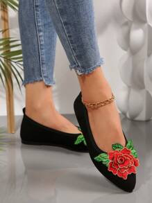 Zapatos planos decorados con flores para mujer, zapatos casuales ligeros de punta afilada para caminar