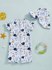 Toddler Boys Rash Guard Swimsuit Animal Print Zipper Short Sleeve Bathing Suit With Swim Cap - Blue - View 3