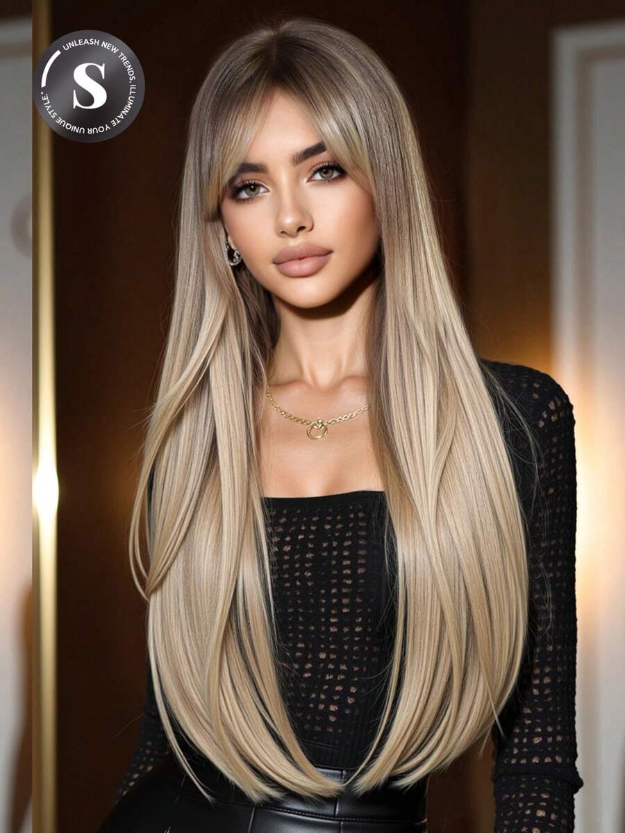 Peluca larga y recta de 26 pulgadas de alta calidad con degradado ombre y flequillo, hecha de fibra sintética resistente al calor, adecuada para festivales, fiestas, viajes y uso diario de mujeres - Degradado - Ver 1