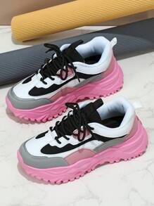 Zapatillas de mujer inspiradas en la dopamina en negro y rosa, estilo callejero dulce de plataforma de EU/EE.UU., estilo chunky de puntera baja, con absorción de impactos, adecuadas para uso diario, vacaciones y todas las estaciones