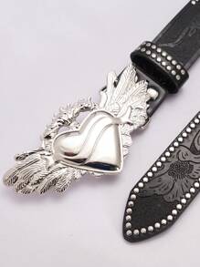 1 条时尚黑色真皮牛仔腰带/合金西部时尚男士腰带，黑色雕花图案银色柳钉装饰复古摇滚时尚合金翅膀爱心扣男士皮带适合年轻男孩聚会、跳舞、闪亮装饰、城郊旅行、日常休闲出游 - 黑色 - 查看 3