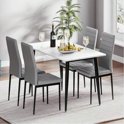 Dining Table And Chairs Set Of 4, 120CM Marble Effect Dining Table With 4 Faux Leather High Back Dining Chairs,Modern Dining Table Set For Home/Kitchen Office