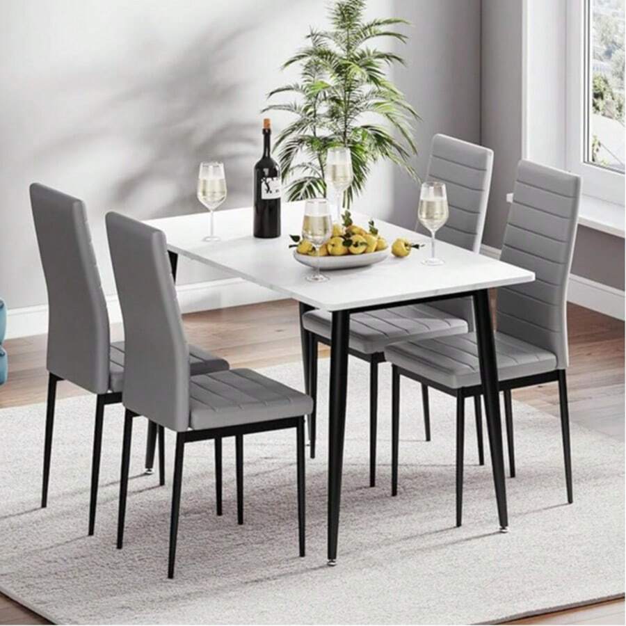 Dining Table And Chairs Set Of 4, 120CM Marble Effect Dining Table With 4 Faux Leather High Back Dining Chairs,Modern Dining Table Set For Home/Kitchen Office - Gray Chair + White Table - View 1