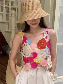 Women's Colorful Hollow Out Embroidered Crochet Knitted Sweater Vest Casual Vacation Summer - Multicolor - View 5