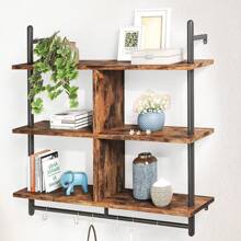 3 Tier Floating Shelves Metal Brackets Wall Mounted Shelf Over Toilet Bathroom - Brown - View 1