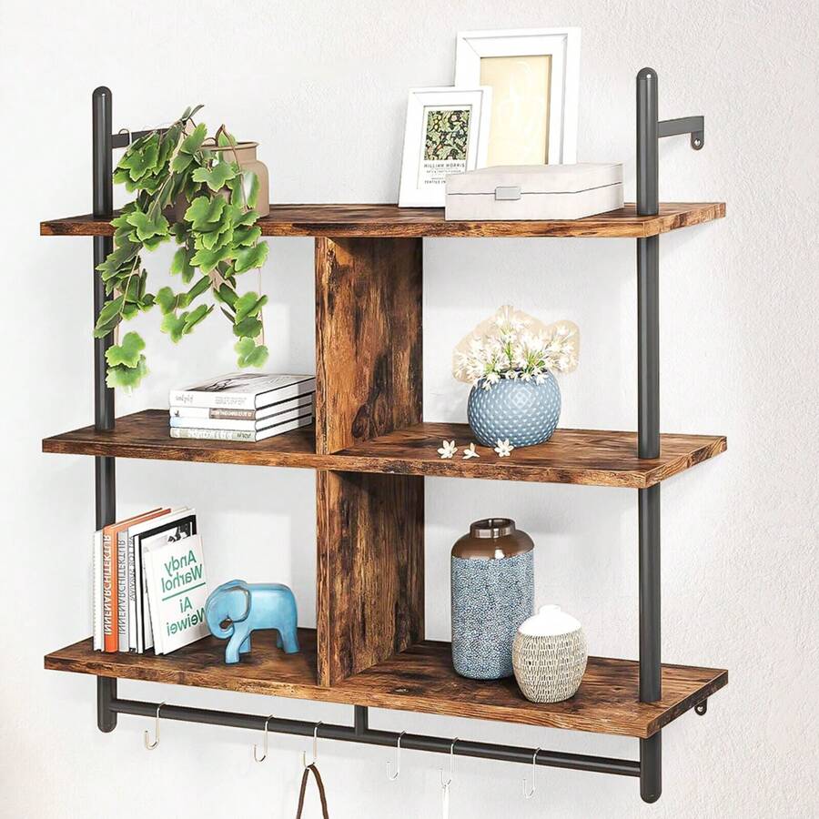 3 Tier Floating Shelves Metal Brackets Wall Mounted Shelf Over Toilet Bathroom - Brown - View 1