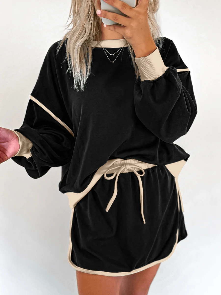 Loose Casual Suit For Women Simple Style Color Block Two-Piece Set For Women - Black - View 1