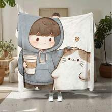 Boy And Kitten Flannel Blanket, Soft And Comfortable Nap Blanket, Suitable For Travel Sofa Bed Office Decoration, Birthday Gift Blanket, Available All Year Round, The Best Gift For Boys And Girls As Adults