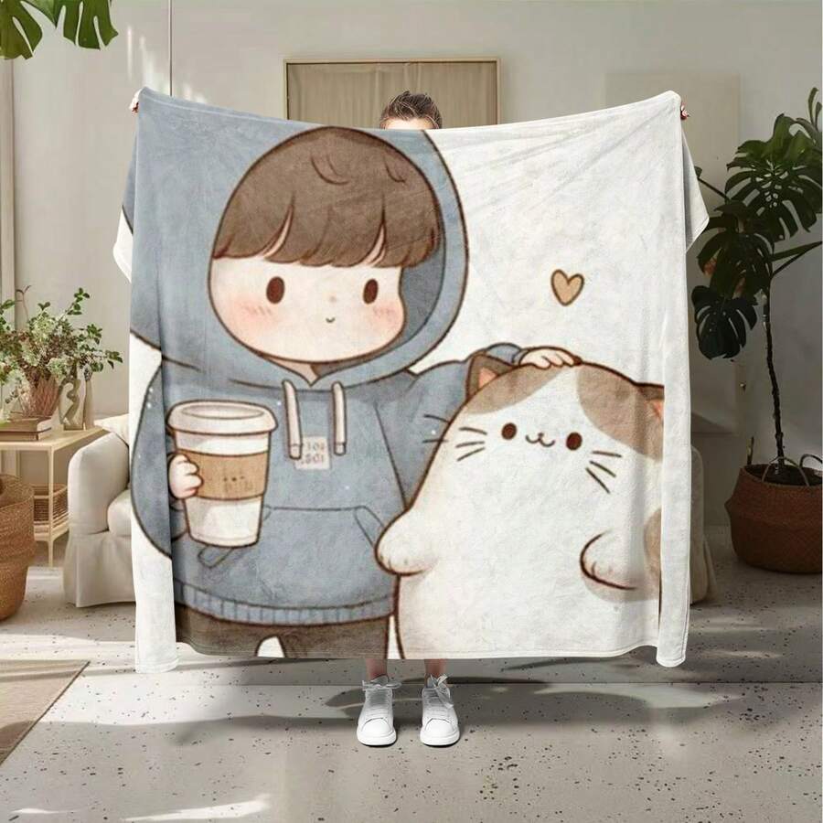 Boy And Kitten Flannel Blanket, Soft And Comfortable Nap Blanket, Suitable For Travel Sofa Bed Office Decoration, Birthday Gift Blanket, Available All Year Round, The Best Gift For Boys And Girls As Adults