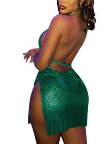 Women Bodycon Slit Dress Halter Neck Backless Glitter Mini Dress For Night Clubs Bars Party Female Outfits Clubwear - Green - View 5