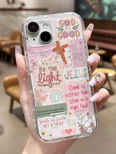 1pc Vintage Newspaper Patchwork Jesus God Slogan Floral Smiling Face Pattern Airbag Anti-Slip Soft Phone Case Compatible With Iphone 11/12/13/14/15/16 Pro Max Waterproof Shockproof Anti-Fall Scratch Resistant