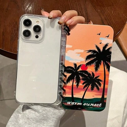 1 件适用于 Iphone 16PROMAX 11 12 13PROMAX 14PROMAX 15，书本风格手机壳 - 透明，带有温暖海岸图案和黑色框架