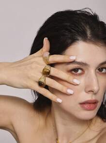 MiDuoDuo 1pc MiDuoDuo Cross-Border Luxury Retro Natural Tiger Eye & Rose Quartz Ring, Fashion Lady Daily Ring
