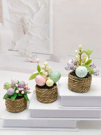 1pc Artificial Topiary With Colorful Eggs, Easter Egg Tree Tabletop Decoration, PS Material, With Container For Home Decor, Office, Parties, Weddings, Spring & Summer Holiday Decor