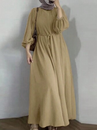 Women's Elegant & Dignified A-Line Long Dress, Casual Round Neck Long Sleeve Tie-Waist Woven Fabric Dress