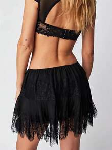 Women Y2k Lace Mini Skirts Summer Lace Slip Skirt Pleated Ruffle Floral Lace Tiered Short Skirts Underskirt - 黑色 - 查看 2