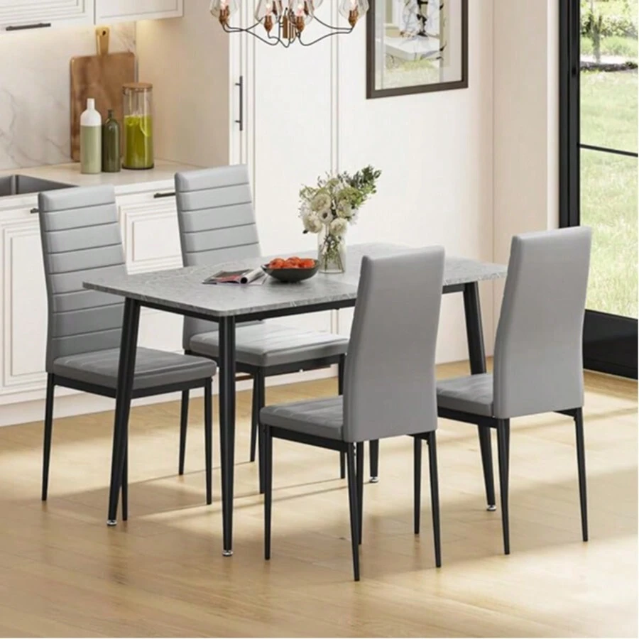 Dining Table And Chairs Set Of 4, 120CM Marble Effect Dining Table With 4 Faux Leather High Back Dining Chairs,Modern Dining Table Set For Home/Kitchen Office - Gray Chair + Gray Table - View 1