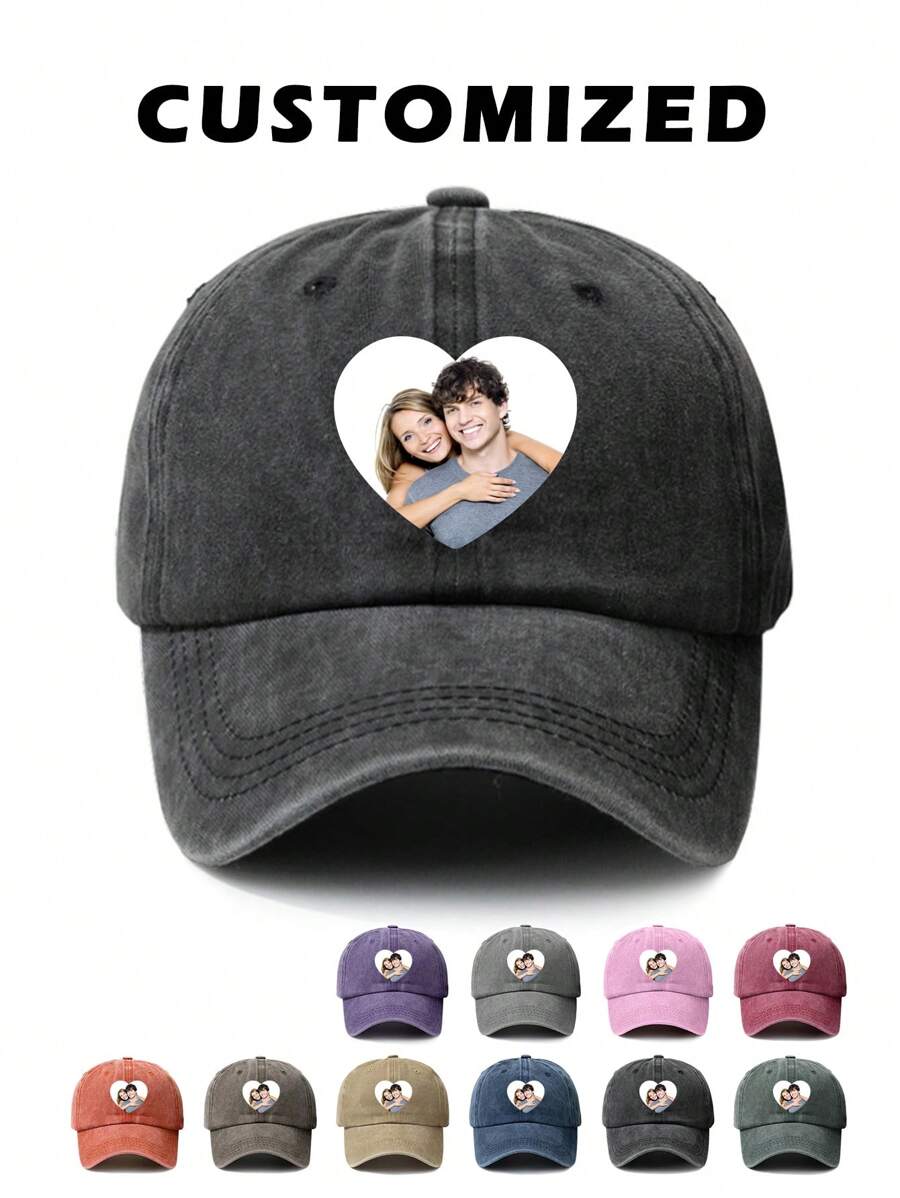 Customized Design Text, Photo, Image, Logo Heart Printed Soft-Top Baseball Cap, Fashionable Casual Adjustable Hat, Ideal Customized Gift Suitable For Men, Women, Boyfriend, Girlfriend, Family, Friends, Pets, Suitable For Graduation, Wedding, Holidays And Other Occasions, Unique Personalized Cap - A - View 1