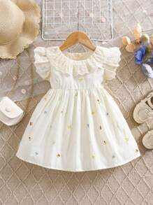 1 件年轻女孩刺绣花卉蕾丝领无袖休闲宽松优雅连衣裙，夏季度假太阳裙 - 杏色 - 查看 1