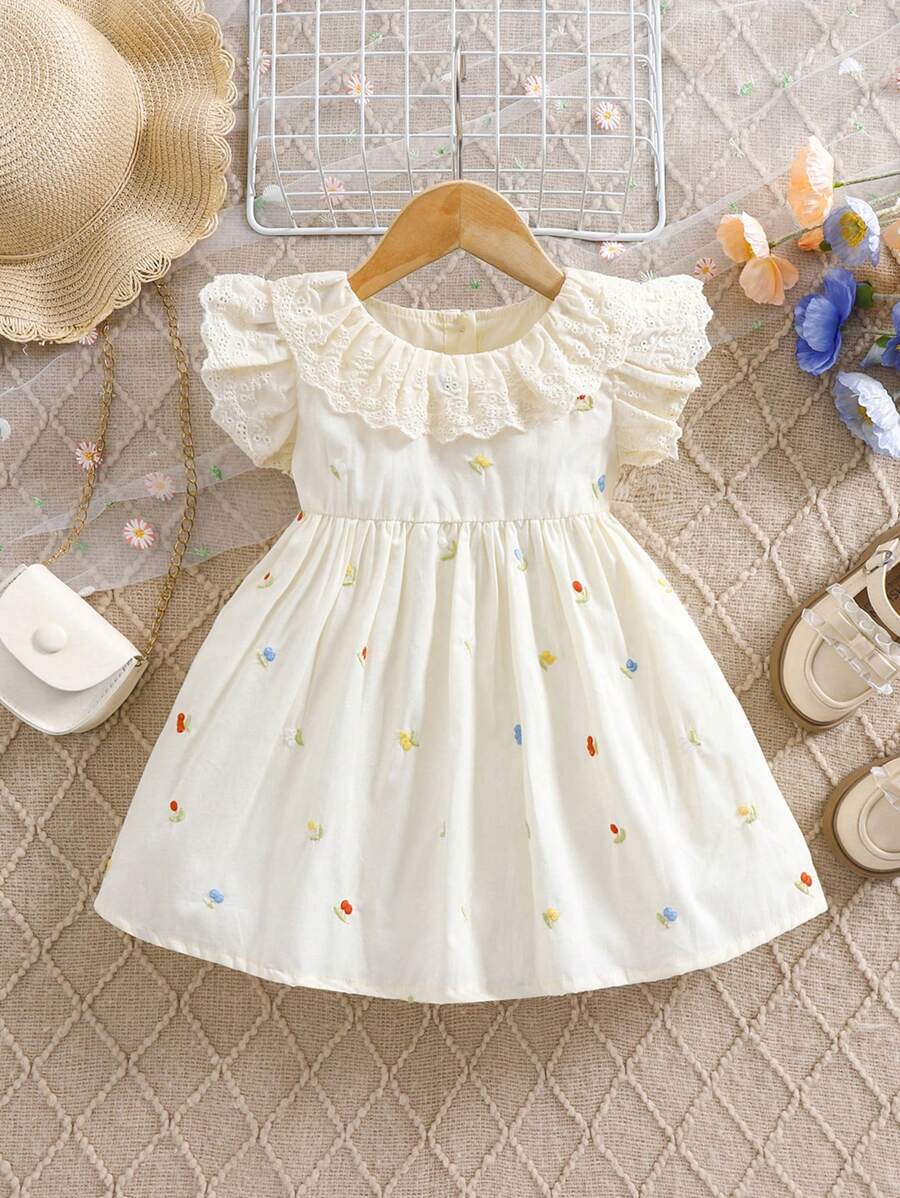 1 件年轻女孩刺绣花卉蕾丝领无袖休闲宽松优雅连衣裙，夏季度假太阳裙 - 杏色 - 查看 1