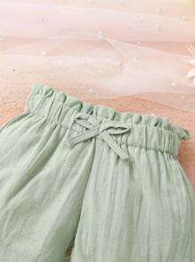 Baby Girl Cute Fashion Comfortable Casual Bow Decor Layered Ruffle Camisole Top And Solid Color Paper Bag Waist Shorts Set, Suitable For Summer Daily Outing, Vacation, Party - White - View 6