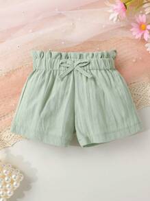 Baby Girl Cute Fashion Comfortable Casual Bow Decor Layered Ruffle Camisole Top And Solid Color Paper Bag Waist Shorts Set, Suitable For Summer Daily Outing, Vacation, Party - White - View 5