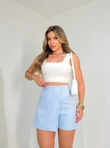 Women's Versatile Casual Asymmetrical Shorts With Fake Pockets - Blue - View 2