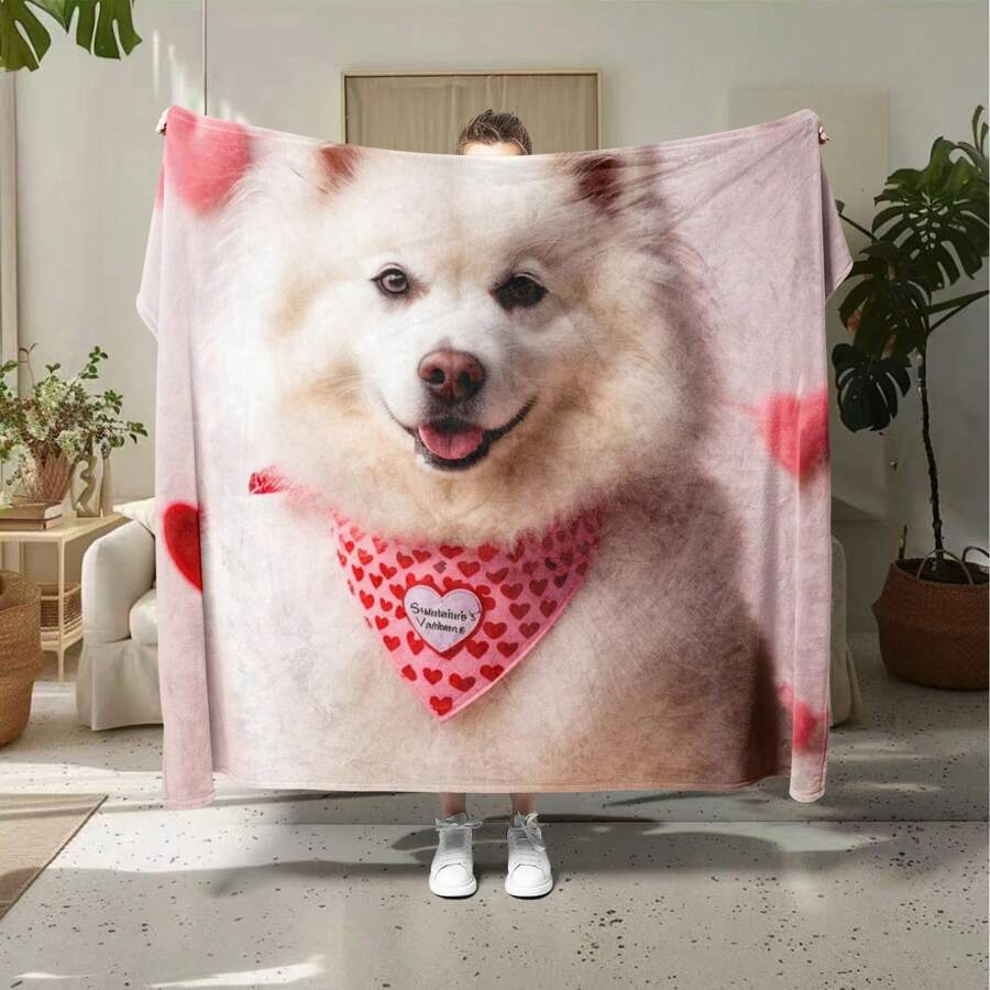 1 Piece, Valentine's Day Puppy Print Blanket: A Versatile, Soft And Warm Flannel Blanket With Creative Design - Machine Washable, Tear Resistant, And The Best Gift For All Seasons - Multicolor - View 1