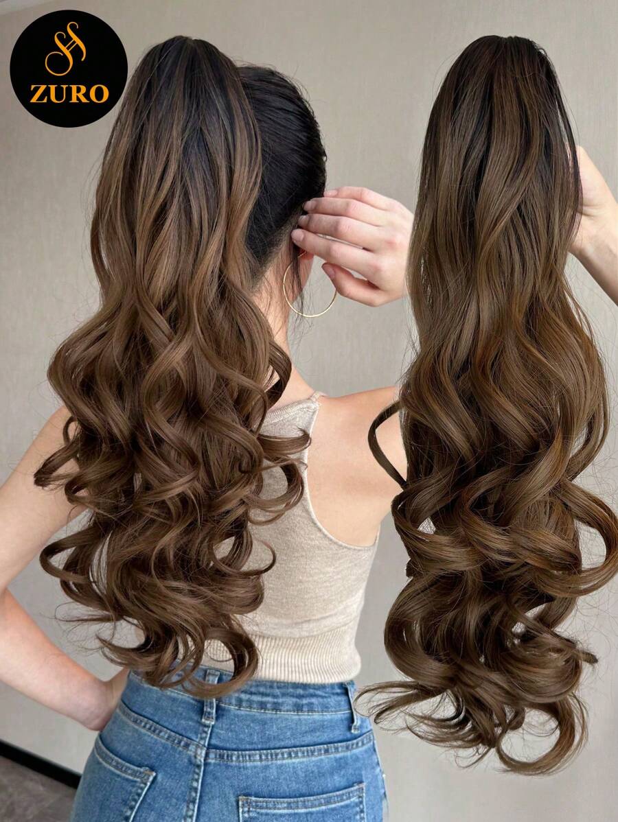 HEYPINK 抓夾式馬尾接髮片 深棕色 24英吋長 自然捲 耐熱合成纖維馬尾假髮 女士日常佩戴適用