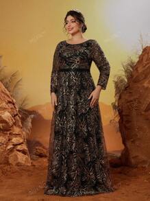 Plus Size Mgiacy Round Collar Contrast Sequin Long Sleeve High-End Evening Dress, Party Dress, Wedding Guest Dress, Formal Dress