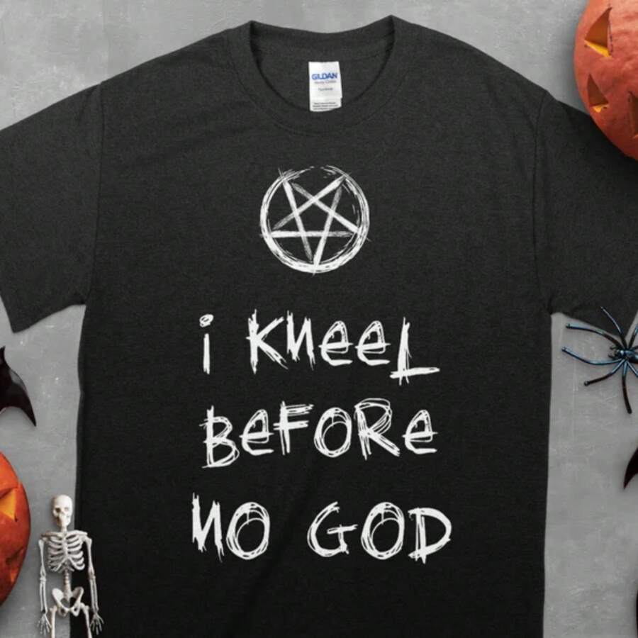 Satanic Unisex T-Shirt I Kneel Before No God Shirt Pentagram Goth Gothic Grunge Satanic Shirt Black Death Metal Shirt Wicca Shirt - 黑色 - 查看 1