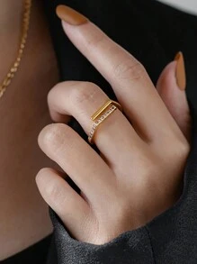 1 件简约 S925 纯银镀 14K 金几何戒指微镶嵌锆石开口戒指适合女孩/女士/女友/母亲派对约会礼物日常佩戴生日礼物 - 金色 - 查看 2