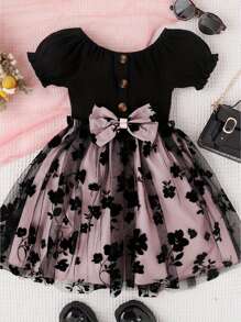Vestido de verano para niña de 4 a 7 años, corte en A, manga corta, cuello redondo, lazo de flores, tul, patchwork, para fiesta - Negro - Ver 1