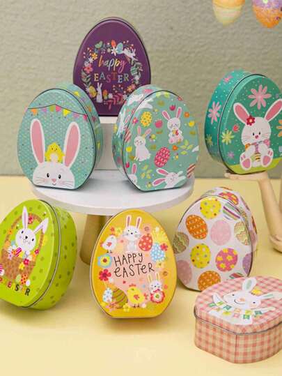 1 pieza de decoración de Pascua, caja de hojalata creativa de mano, caja de galletas, caja de regalo de conejo, caja de hierro