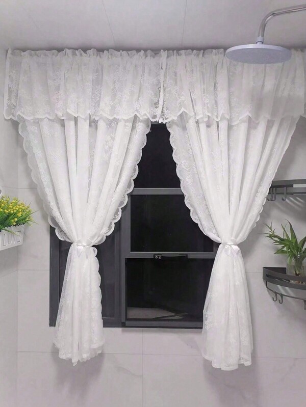 1pc White Lace Trim Cafe Curtain Valance, Bohemian Style Floral Print Semi-Sheer Curtain, Decorative Window Treatment For Bedroom, Living Room, Home Decor, All Season