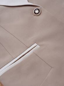 HOMEYEE Áo khoác blazer tay dài màu tương phản cổ điển, áo công sở thanh lịch giản dị, phù hợp cho mùa xuân thu đông - Màu Khaki - Xem 4